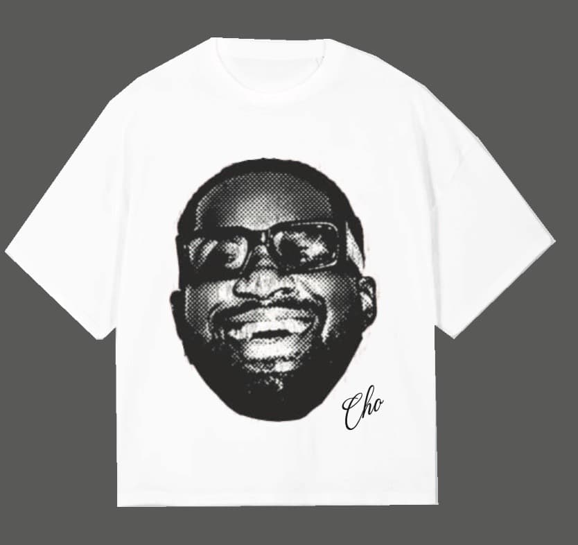 White tee with a printed portrait