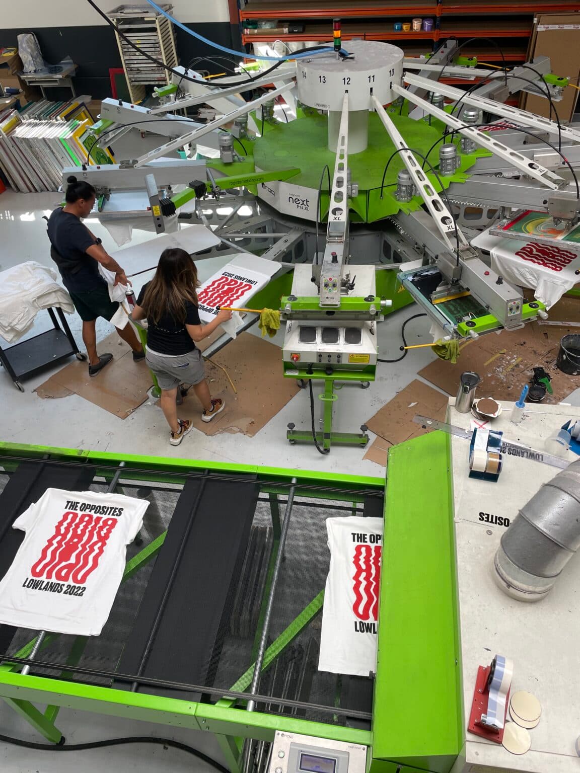 The screen printing carousel on the print floor